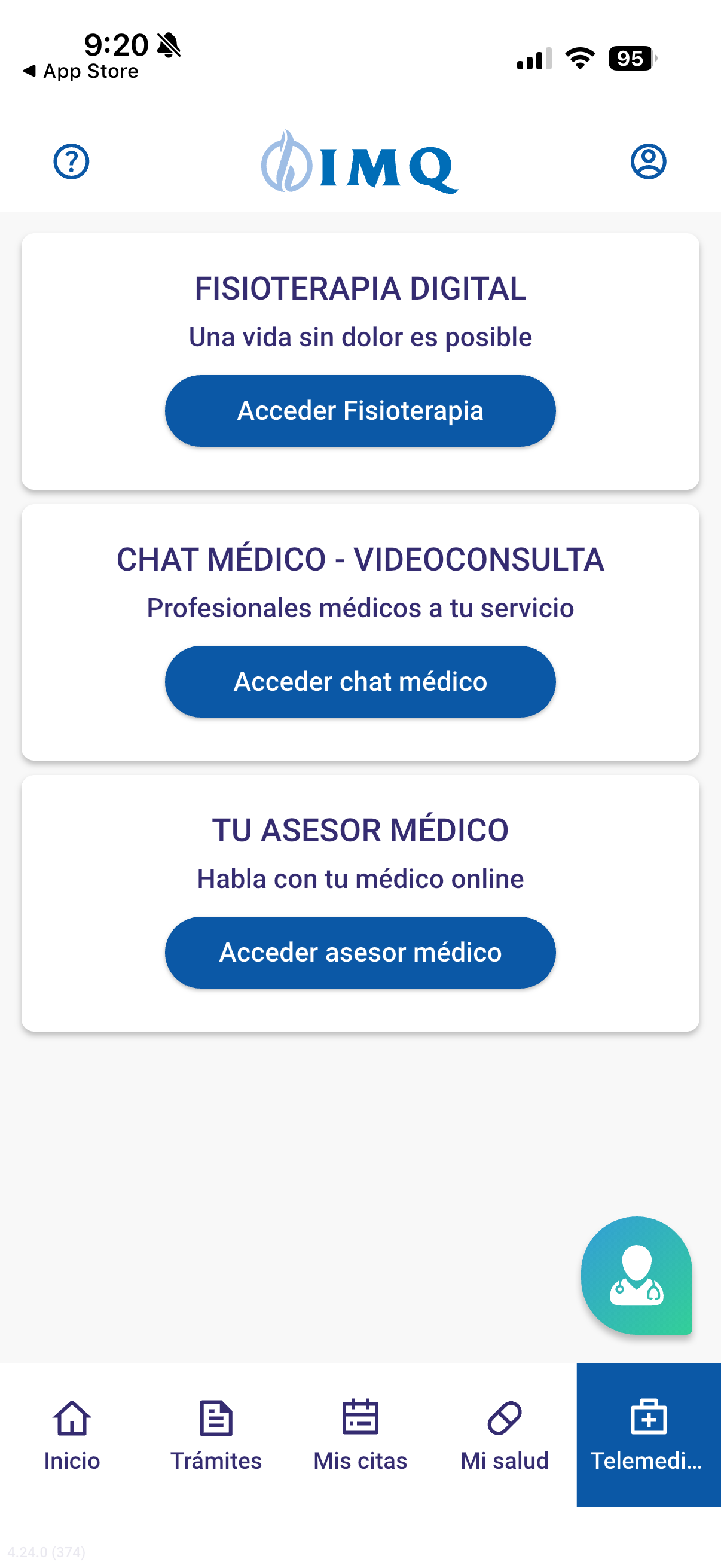 App IMQ · acceso a Fisioterapia Digital